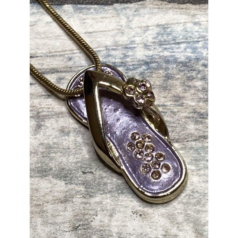 Flip Flop‎ Gold Tone Chain Necklace Purple Enamel Crystals 18" Missing 1 Stone
